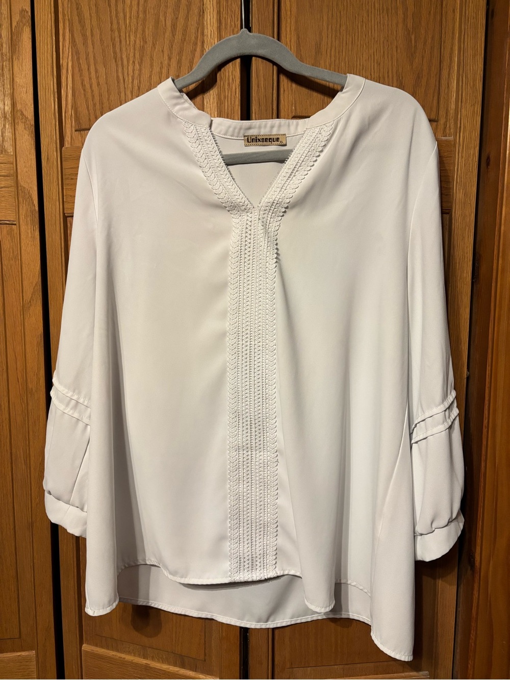 White Crochet-Trim V-Neck Blouse